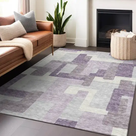 Lavender And Ivory Abstract Geometric Washable Area Rug With UV Protection Photo 6