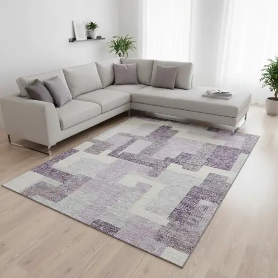 Lavender And Ivory Abstract Geometric Washable Area Rug With UV Protection Photo 2
