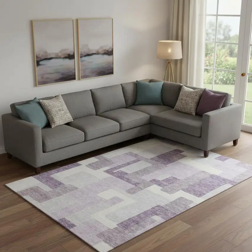 Lavender And Ivory Abstract Geometric Washable Area Rug With UV Protection Photo 1