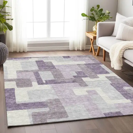 Lavender And Ivory Abstract Geometric Washable Area Rug With UV Protection Photo 5
