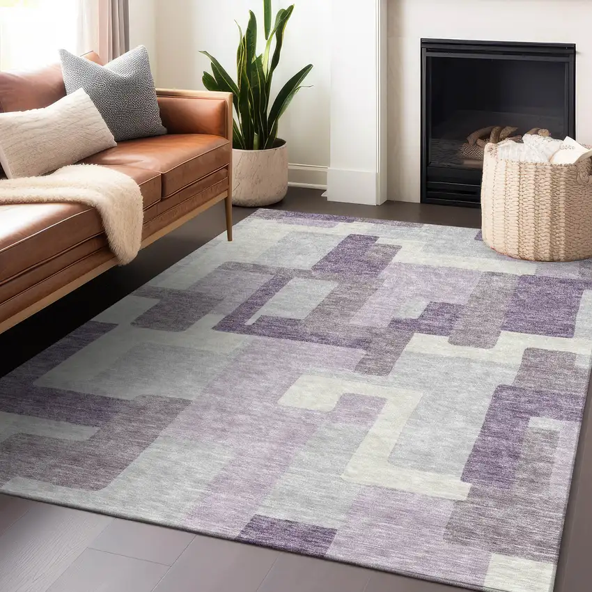 Lavender And Ivory Abstract Geometric Washable Area Rug With UV Protection Photo 6