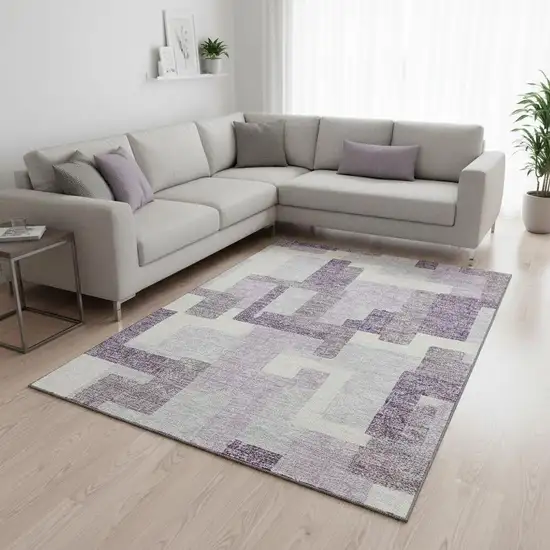 Lavender And Ivory Abstract Geometric Washable Area Rug With UV Protection Photo 2