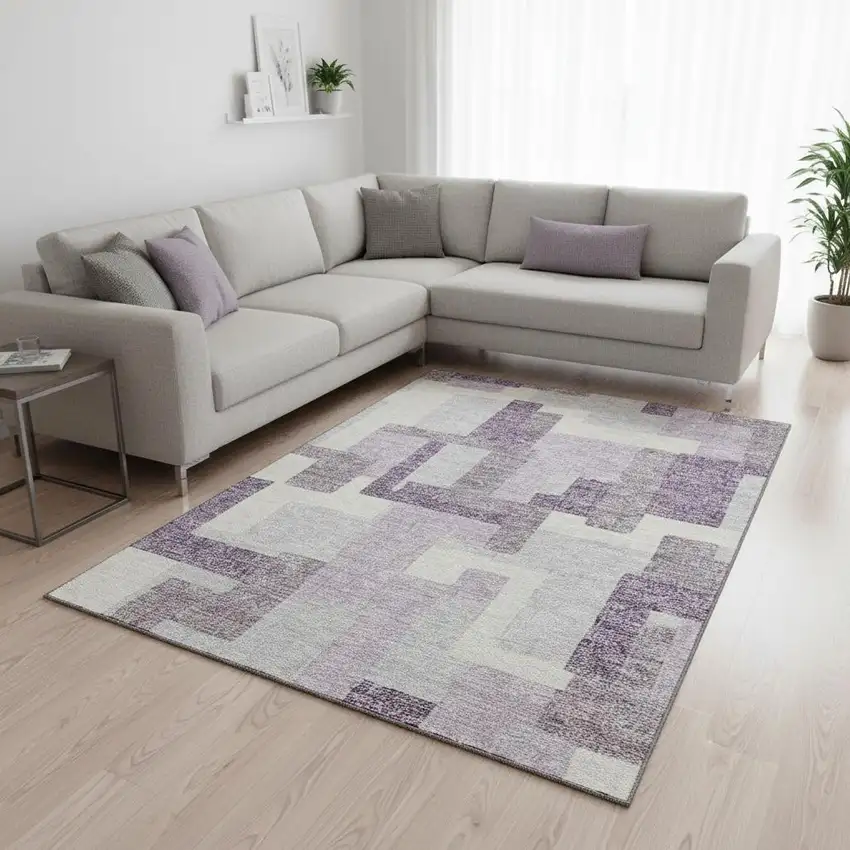 Lavender And Ivory Abstract Geometric Washable Area Rug With UV Protection Photo 2