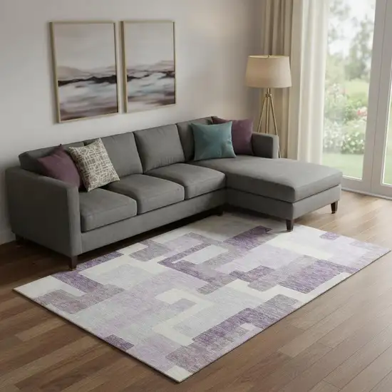 Lavender And Ivory Abstract Geometric Washable Area Rug With UV Protection Photo 1