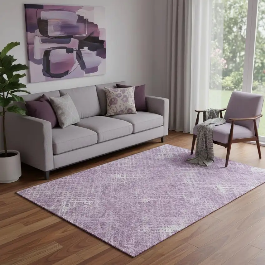 Lavender And Ivory Abstract Geometric Washable Area Rug With UV Protection Photo 1