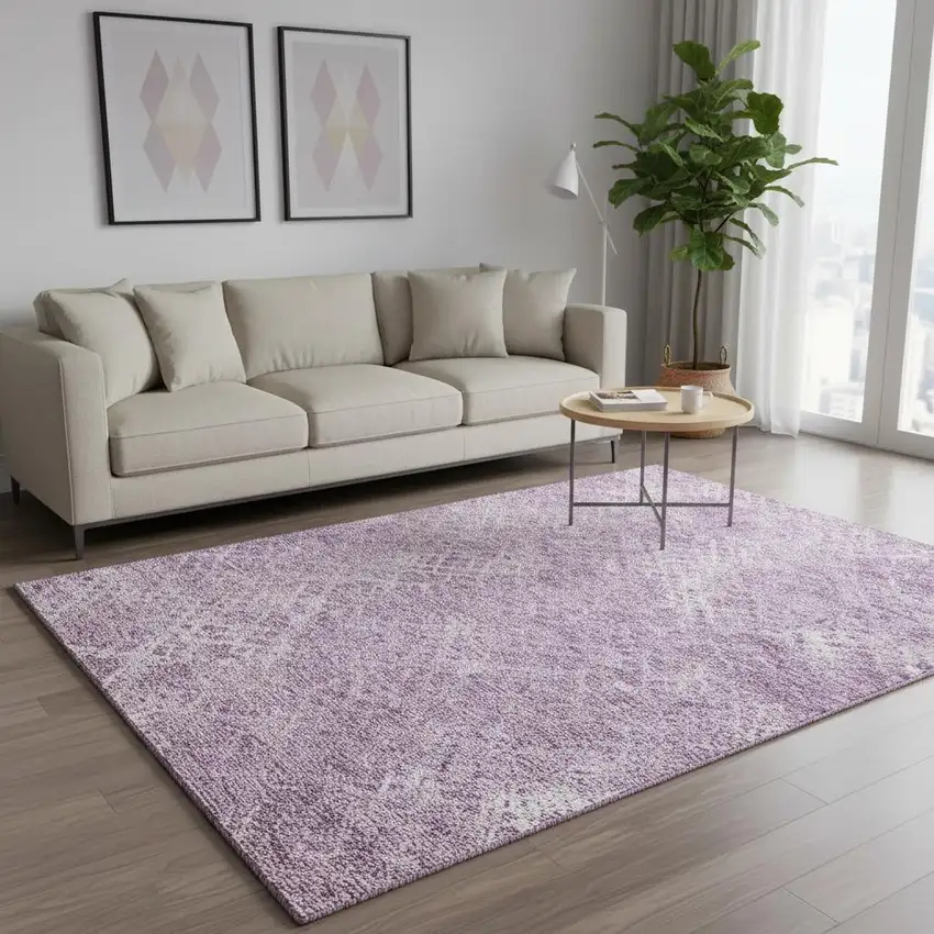 Lavender And Ivory Abstract Geometric Washable Area Rug With UV Protection Photo 2