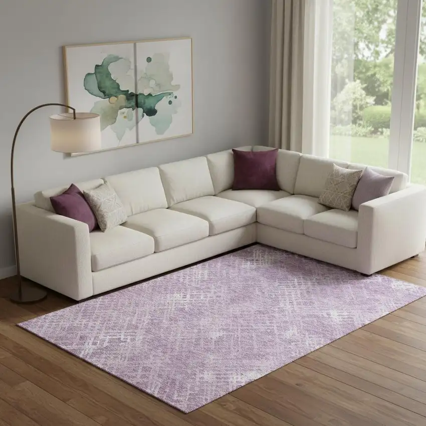 Lavender And Ivory Abstract Geometric Washable Area Rug With UV Protection Photo 1