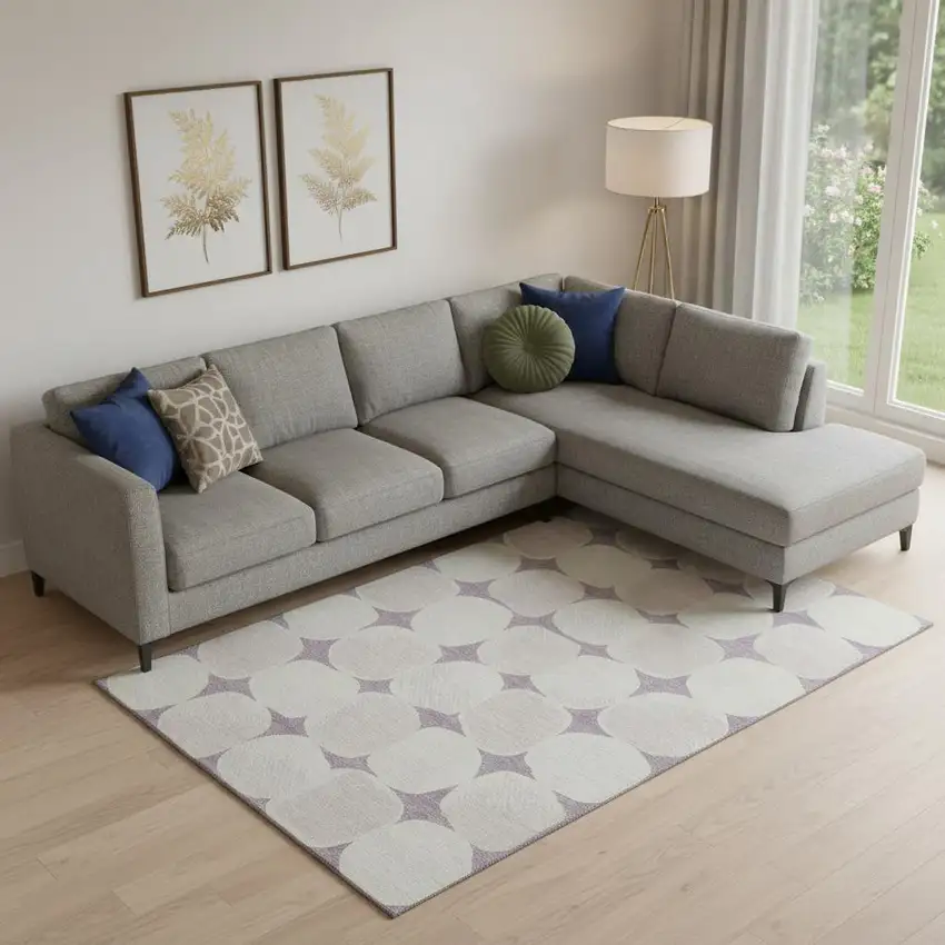 Lavender And Ivory Abstract Geometric Washable Area Rug With UV Protection Photo 1