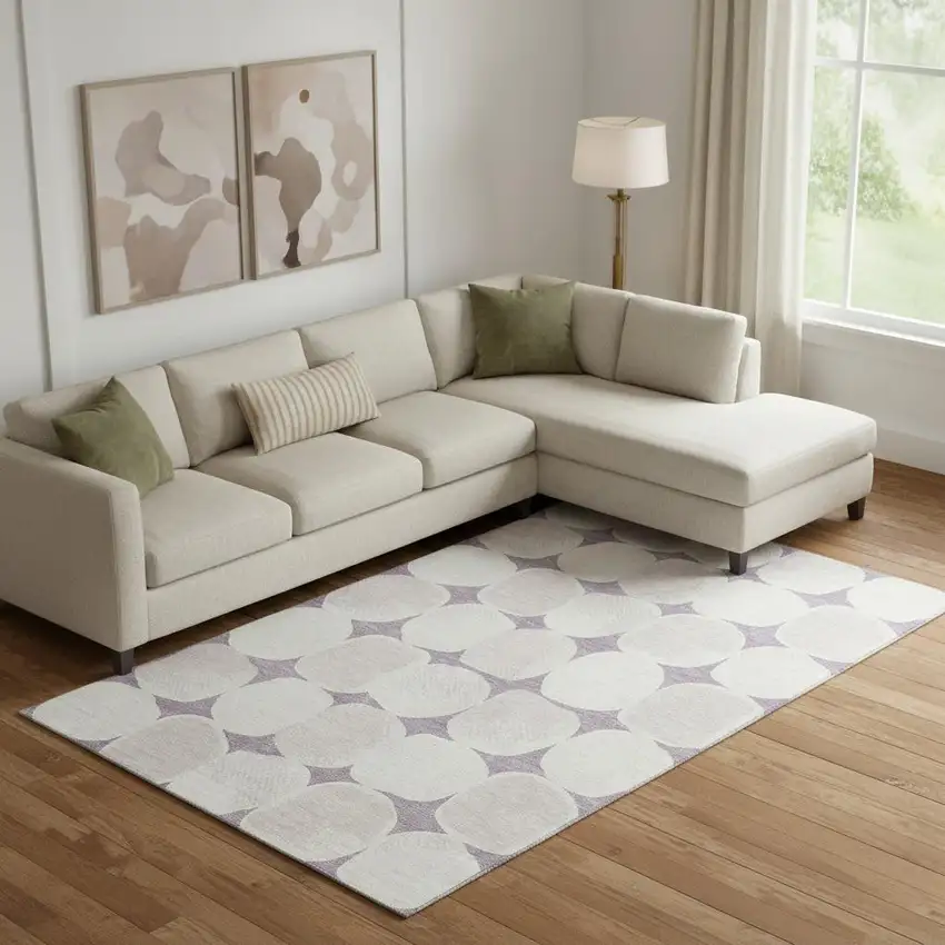 Lavender And Ivory Abstract Geometric Washable Area Rug With UV Protection Photo 1