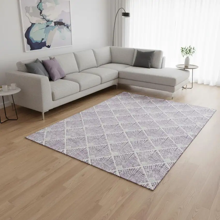 Lavender And Ivory Abstract Geometric Washable Area Rug With UV Protection Photo 2