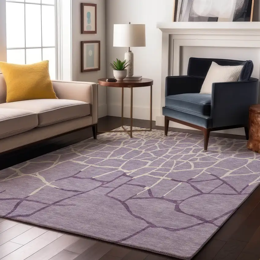 Lavender And Ivory Abstract Geometric Washable Area Rug With UV Protection Photo 4