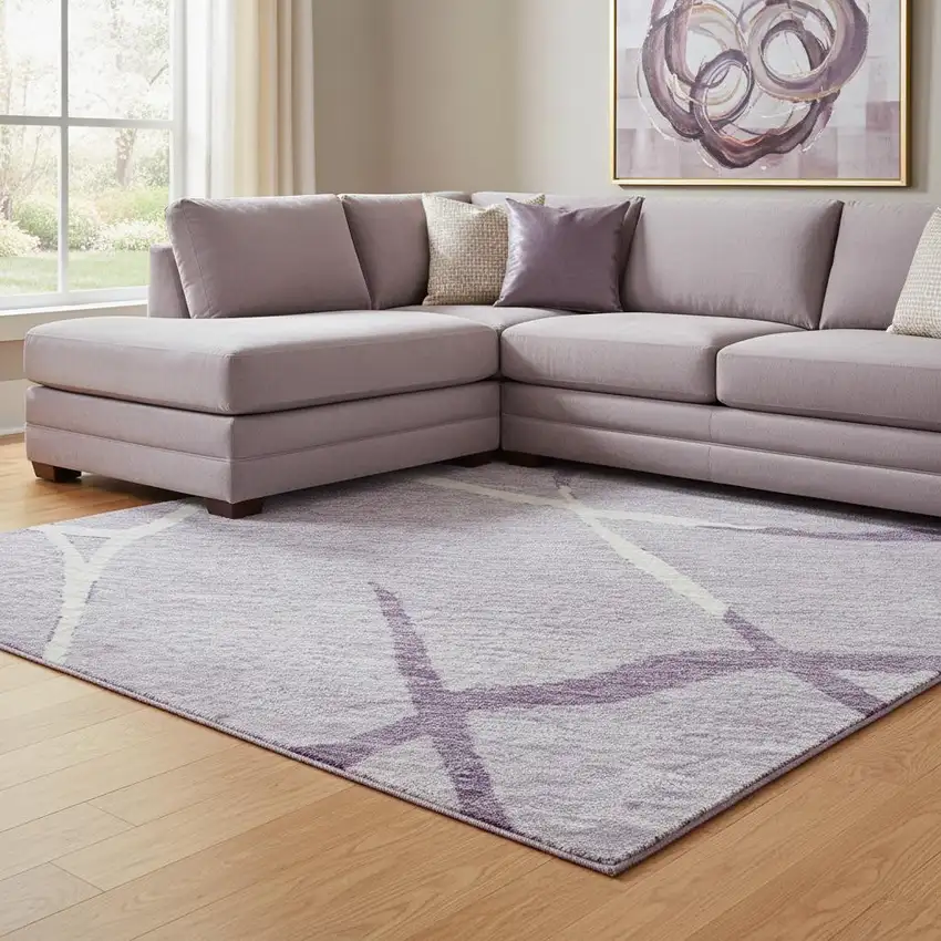 Lavender And Ivory Abstract Geometric Washable Area Rug With UV Protection Photo 2