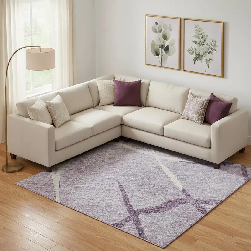 Lavender And Ivory Abstract Geometric Washable Area Rug With UV Protection Photo 2