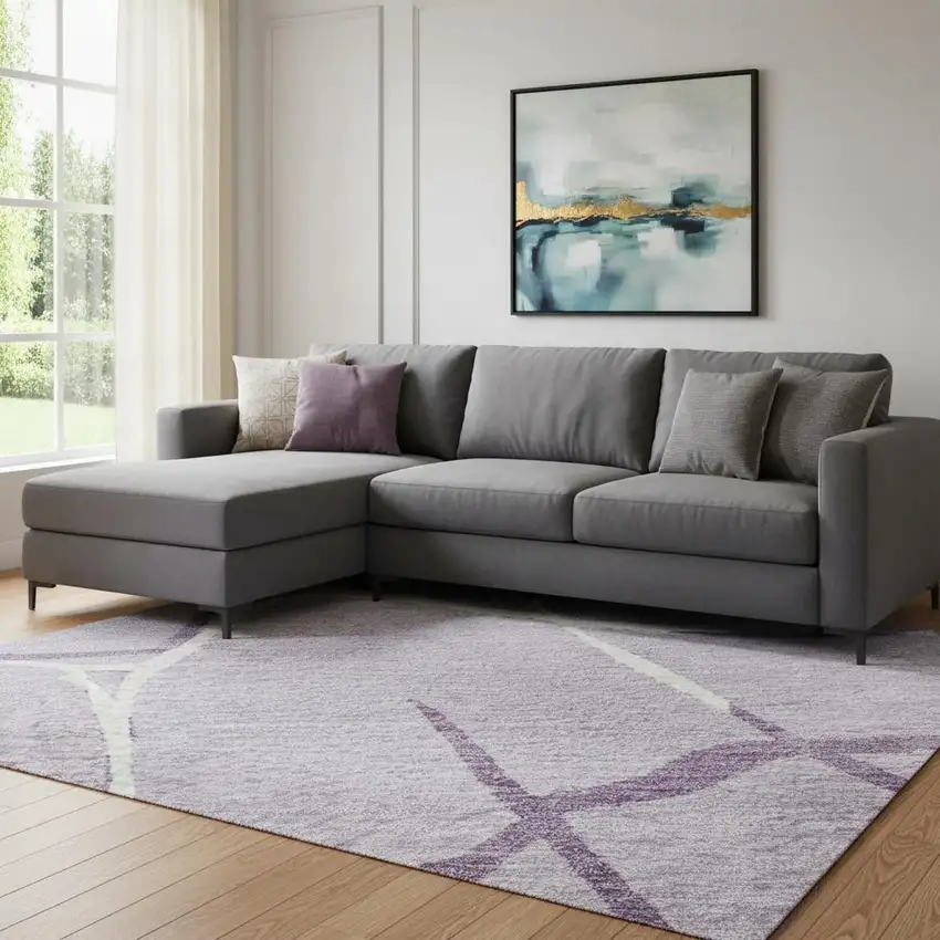 Lavender And Ivory Abstract Geometric Washable Area Rug With UV Protection Photo 2