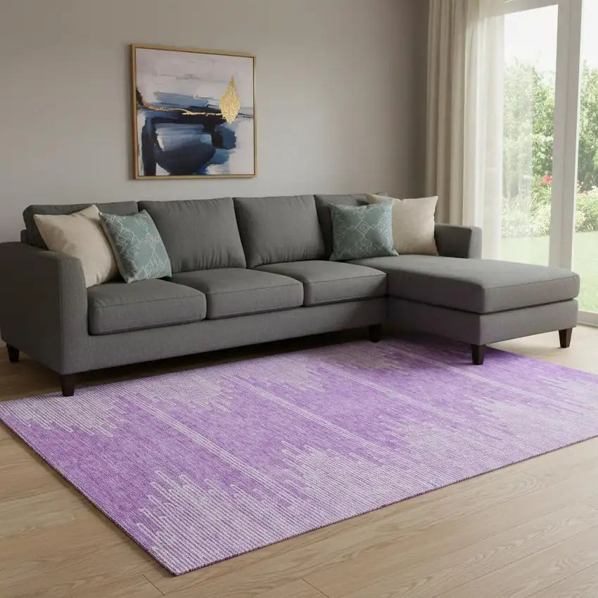 Lavender And Ivory Abstract Washable Area Rug With UV Protection Photo 1