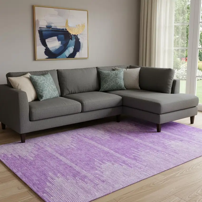 Lavender And Ivory Abstract Washable Area Rug With UV Protection Photo 1