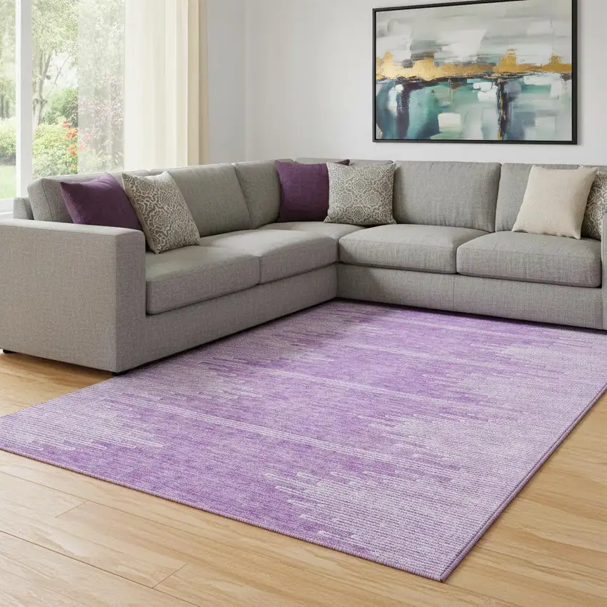 Lavender And Ivory Abstract Washable Area Rug With UV Protection Photo 1