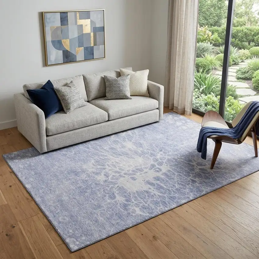 Lavender And Ivory Abstract Washable Area Rug With UV Protection Photo 1