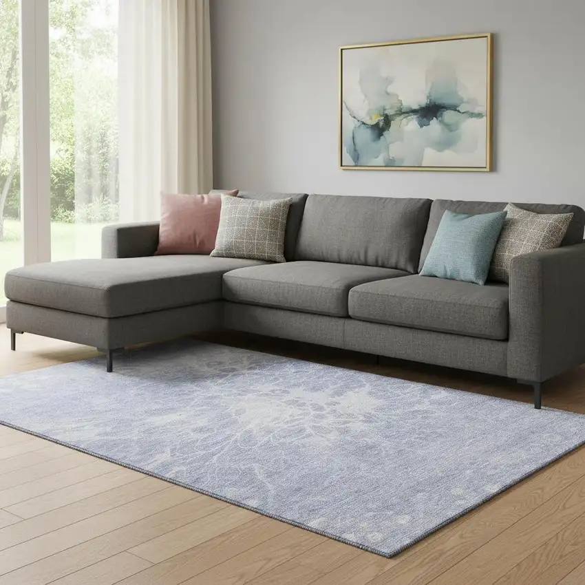 Lavender And Ivory Abstract Washable Area Rug With UV Protection Photo 1