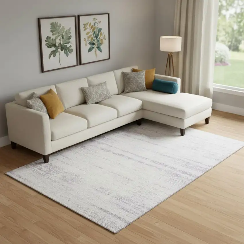 Lavender And Ivory Abstract Washable Area Rug With UV Protection Photo 1