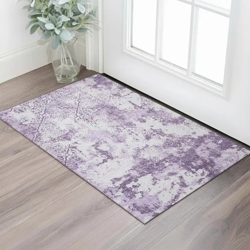 Lavender And Ivory Abstract Washable Area Rug With UV Protection Photo 1