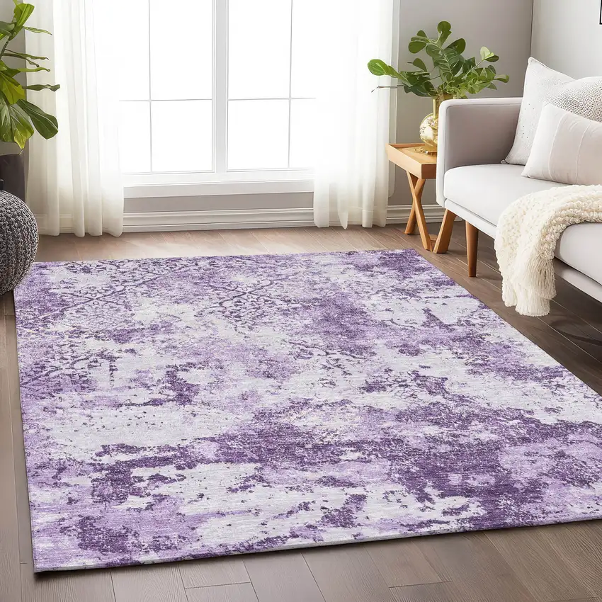 Lavender And Ivory Abstract Washable Area Rug With UV Protection Photo 5