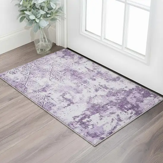Lavender And Ivory Abstract Washable Area Rug With UV Protection Photo 2