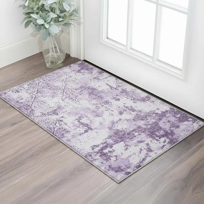 Lavender And Ivory Abstract Washable Area Rug With UV Protection Photo 2