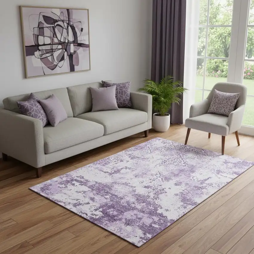 Lavender And Ivory Abstract Washable Area Rug With UV Protection Photo 1
