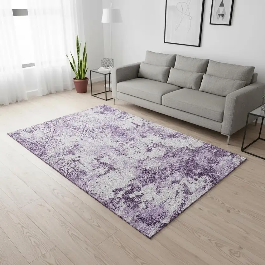 Lavender And Ivory Abstract Washable Area Rug With UV Protection Photo 2