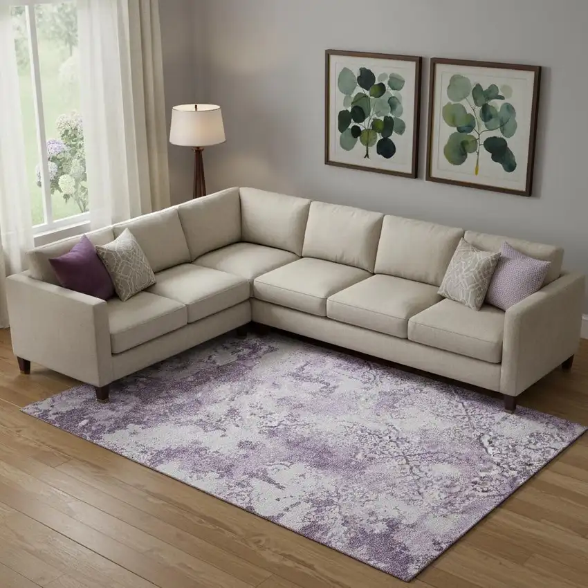 Lavender And Ivory Abstract Washable Area Rug With UV Protection Photo 1