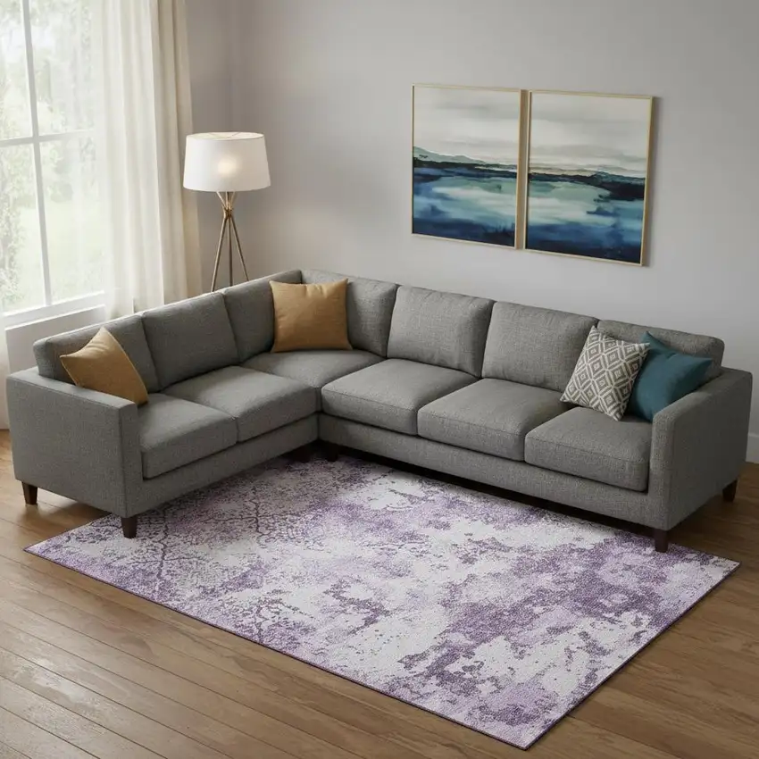 Lavender And Ivory Abstract Washable Area Rug With UV Protection Photo 1