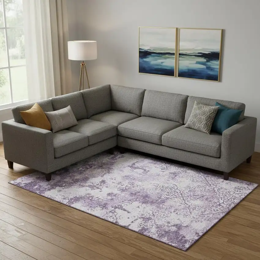 Lavender And Ivory Abstract Washable Area Rug With UV Protection Photo 1