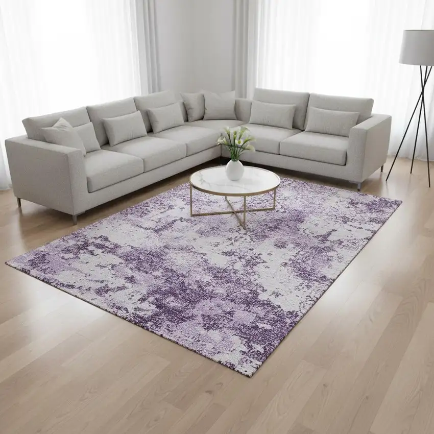 Lavender And Ivory Abstract Washable Area Rug With UV Protection Photo 2