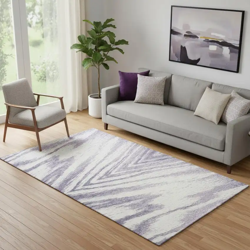 Lavender And Ivory Abstract Washable Area Rug With UV Protection Photo 1