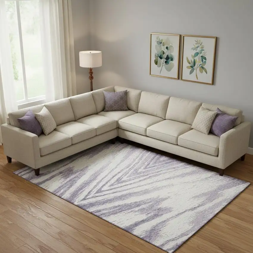 Lavender And Ivory Abstract Washable Area Rug With UV Protection Photo 1