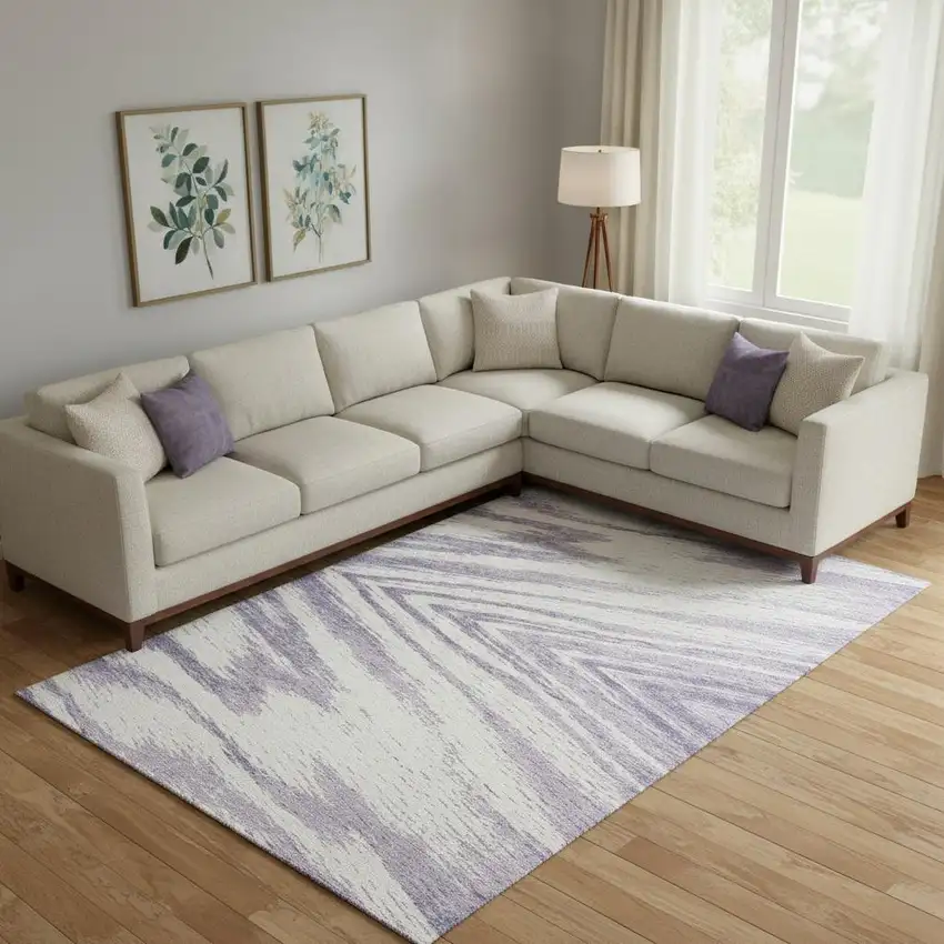 Lavender And Ivory Abstract Washable Area Rug With UV Protection Photo 1