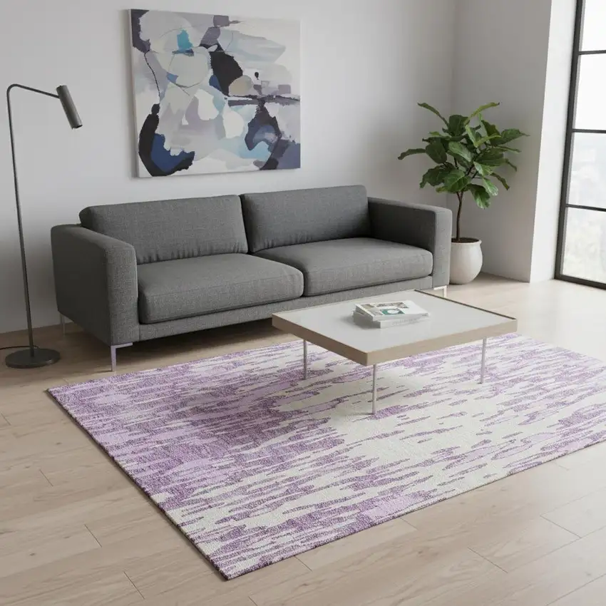 Lavender And Ivory Abstract Washable Area Rug With UV Protection Photo 2