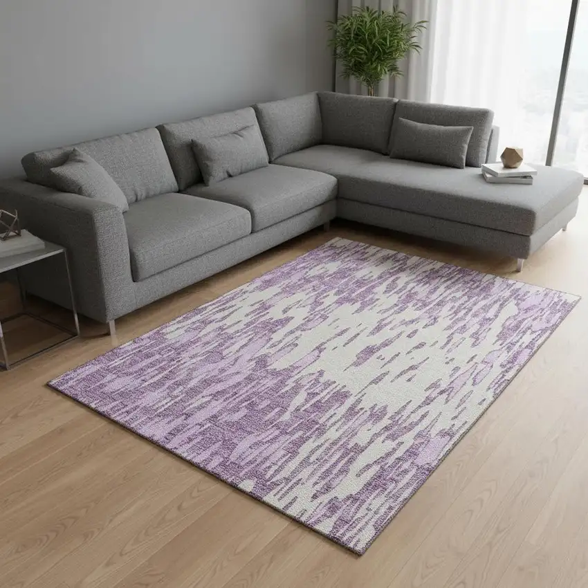 Lavender And Ivory Abstract Washable Area Rug With UV Protection Photo 2