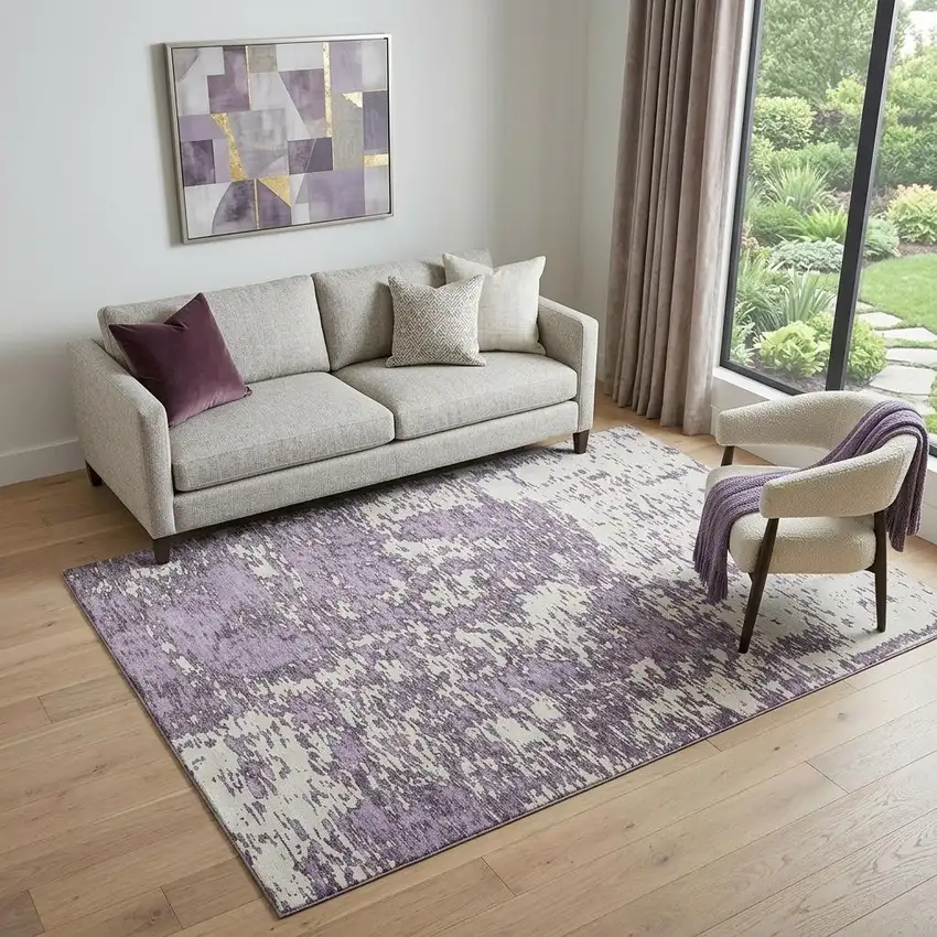 Lavender And Ivory Abstract Washable Area Rug With UV Protection Photo 1