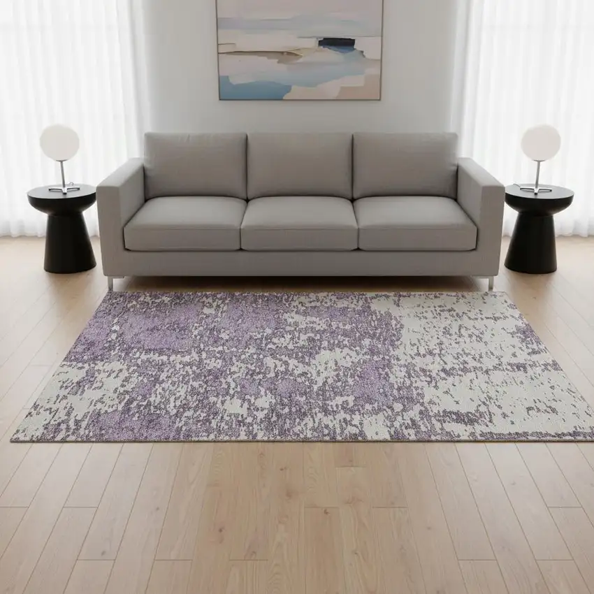 Lavender And Ivory Abstract Washable Area Rug With UV Protection Photo 2