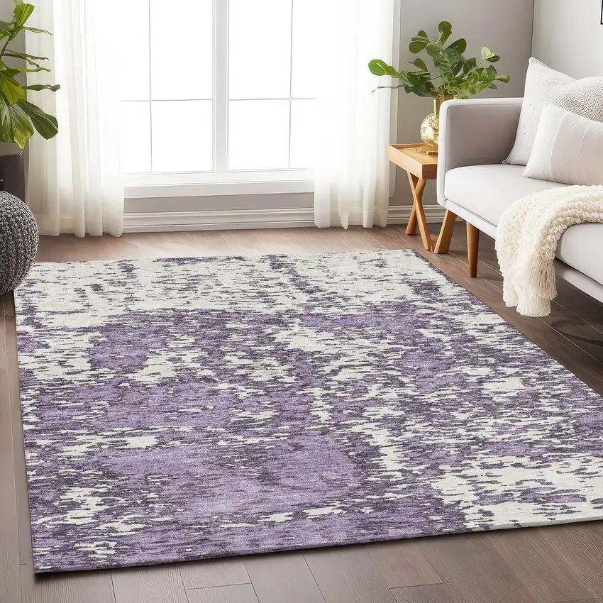 Lavender And Ivory Abstract Washable Area Rug With UV Protection Photo 4