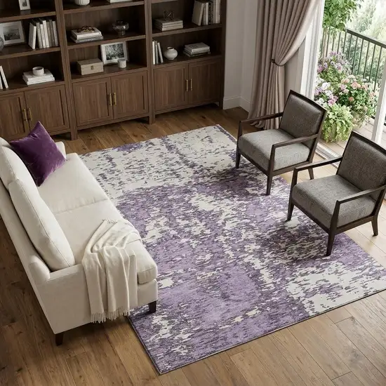 Lavender And Ivory Abstract Washable Area Rug With UV Protection Photo 1