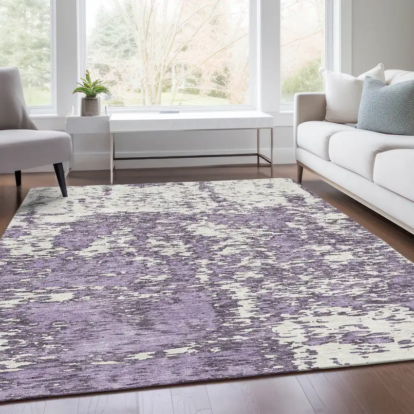 Lavender And Ivory Abstract Washable Area Rug With UV Protection Photo 4