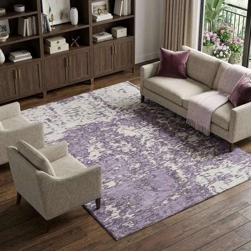 Lavender And Ivory Abstract Washable Area Rug With UV Protection Photo 1