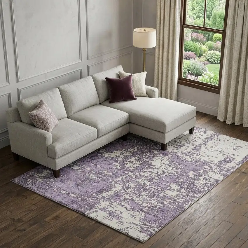 Lavender And Ivory Abstract Washable Area Rug With UV Protection Photo 1