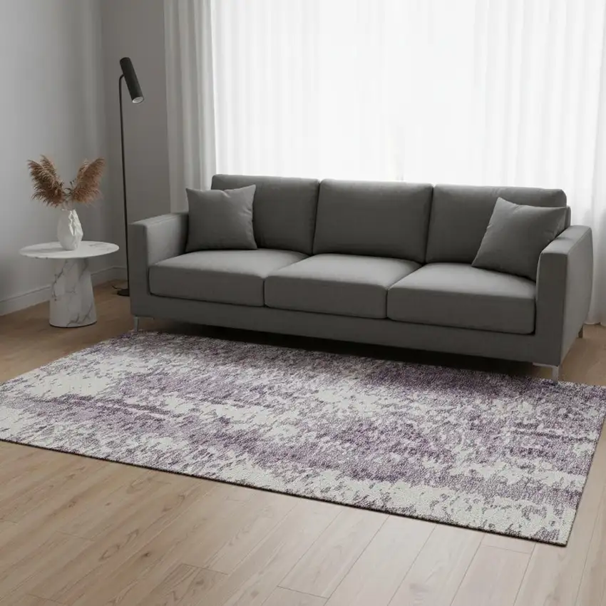 Lavender And Ivory Abstract Washable Area Rug With UV Protection Photo 2