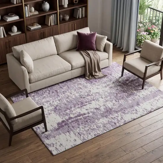 Lavender And Ivory Abstract Washable Area Rug With UV Protection Photo 1