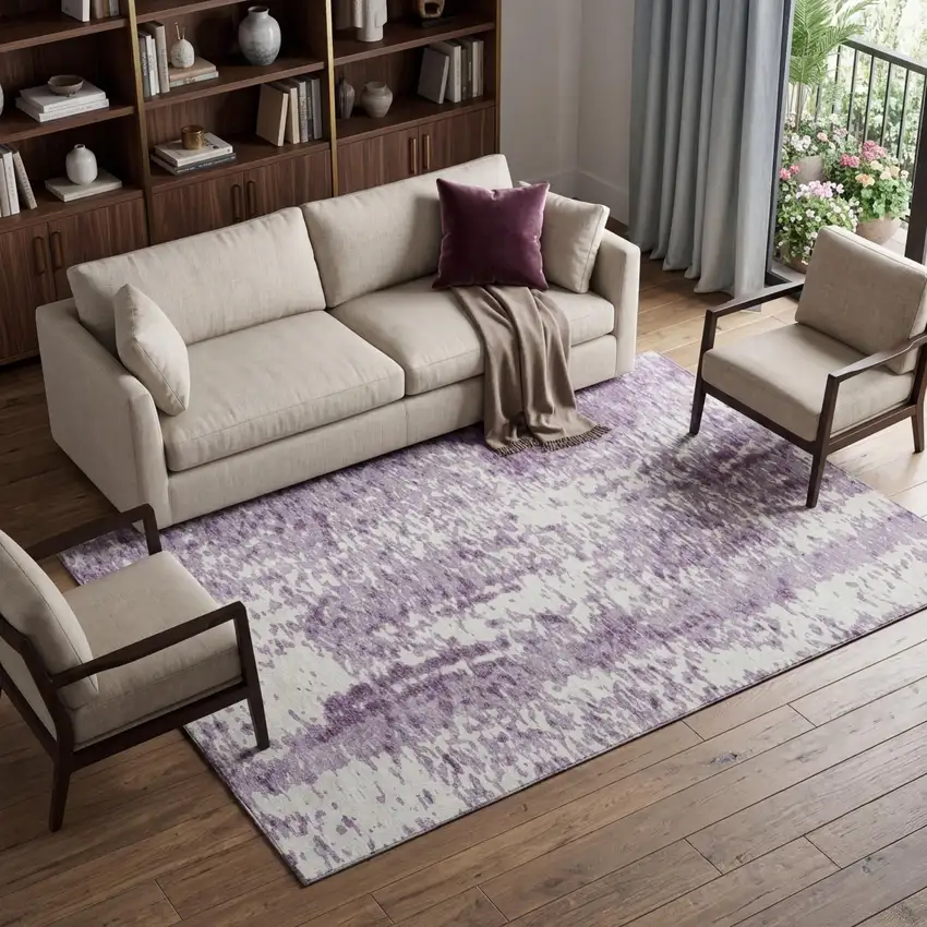 Lavender And Ivory Abstract Washable Area Rug With UV Protection Photo 1