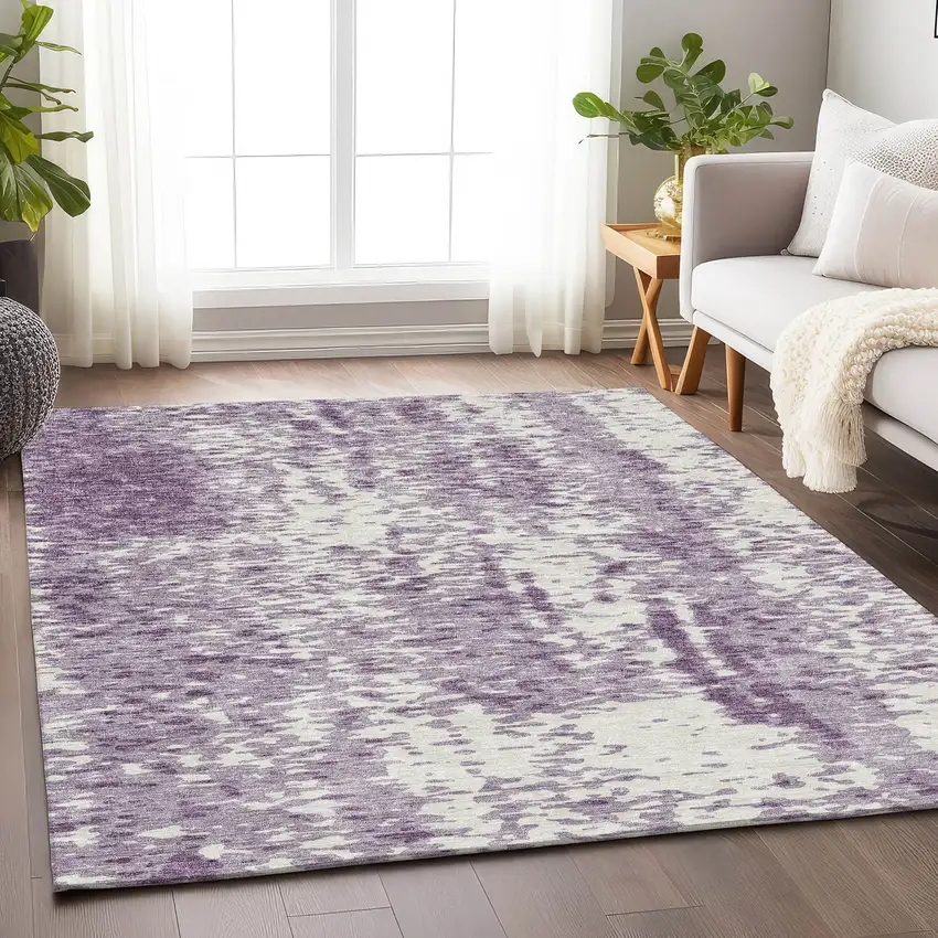 Lavender And Ivory Abstract Washable Area Rug With UV Protection Photo 4